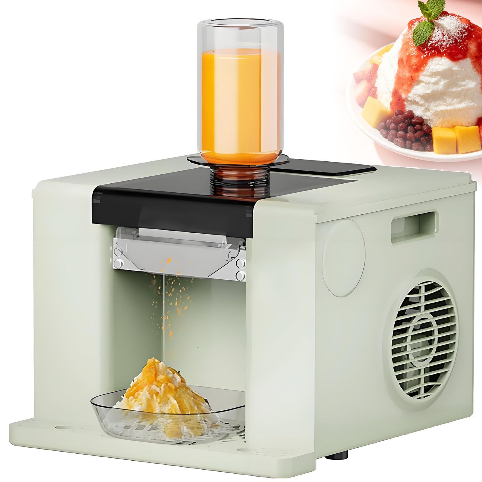 SHENGSHIYU Commercial Shaved Ice Machine,Make Fluffy Snow Ice Directly from Juice & Milk with 750ml Feed Cup,3 Portions Preset Dispensing,Intelligent Speed Control,Adjustable Ice Thickness Green