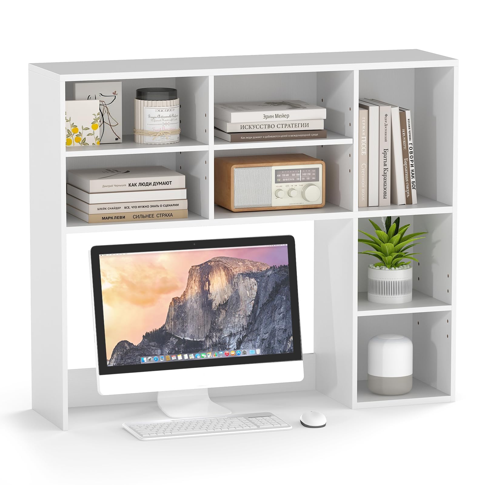 FANTASK Tischregal mit 7 Fächern, Bücherregal, Schreibtisch Aufsatzregal für Monitore bis zu 27", Aufbewahrungsorganizer, Schreibtischregal für Arbeitsplatte, 94 x 25 x 79 cm (Weiß)