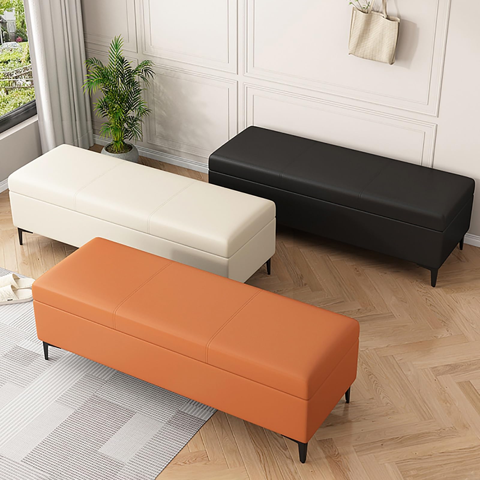 Banco Almacenamiento de Cuero, Reposapiés para Sala de Estar, Banco con puf Almacenaje y Asiento, Sala de Estar, Dormitorio(Green,59in/150cm)