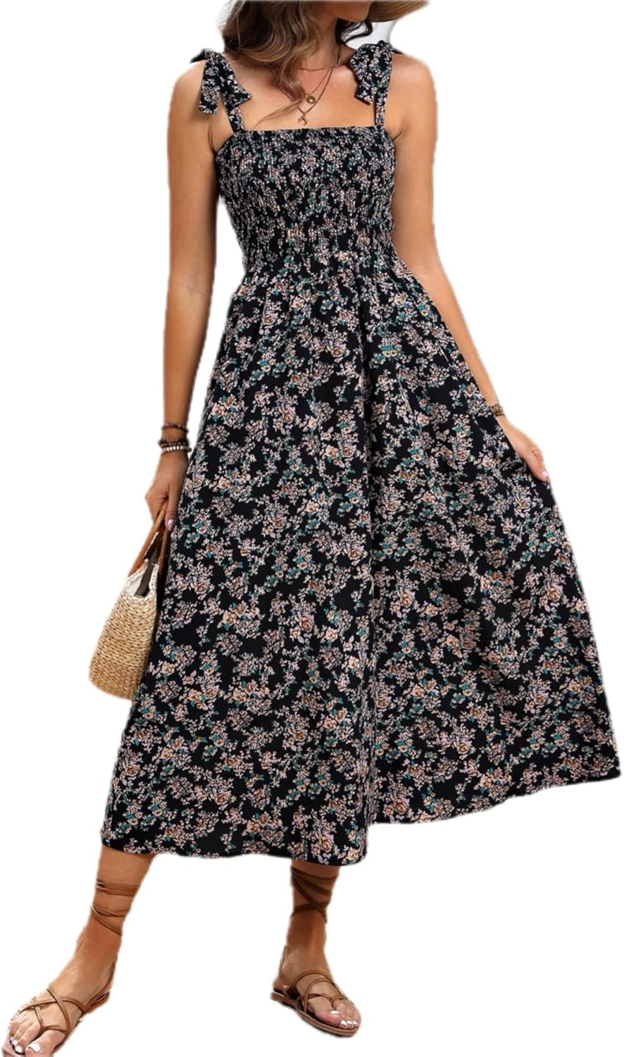 MakeMeChic Women's Fall Floral Dresses 2025 Beach Vacation Casual Blue and White Long Maxi Sundresses