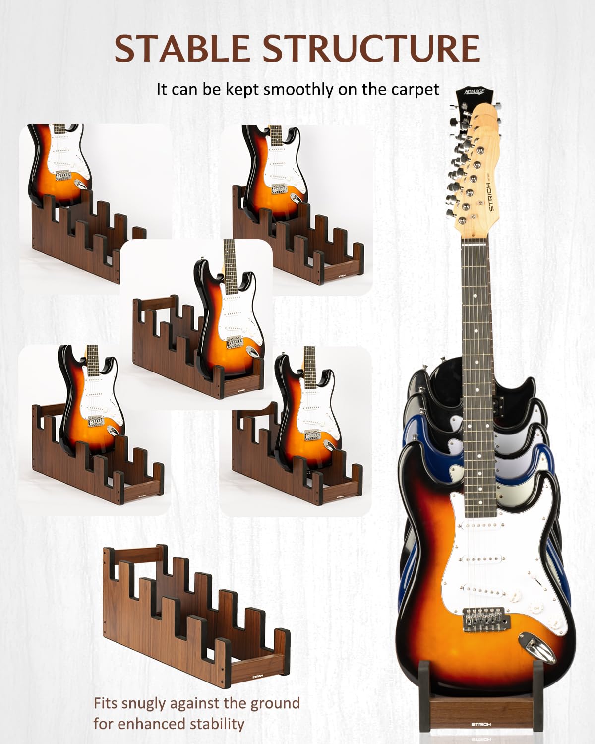 STRICH L-5EW Support de guitare en bois pour plusieurs guitares, 5 supports, affichage frontal, gain de place, pour la maison, le studio, la scène, couleur noyer, L-5EW (pour 5 guitares électriques