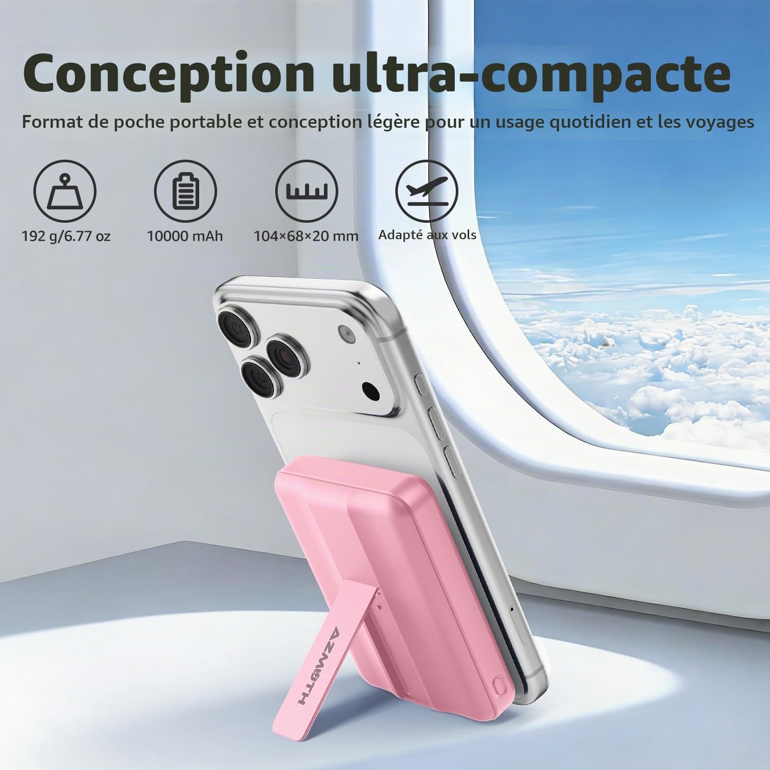 Azmuth Batterie Externe iPhone Magnétique, Compatible avec MagSafe 10000mAh sans Fil Power Bank, 22.5W PD Charger Rapidement Powerbank avec écran LED, pour iPhone 17/16/15/14/13/Pro/Pro Max-Rose