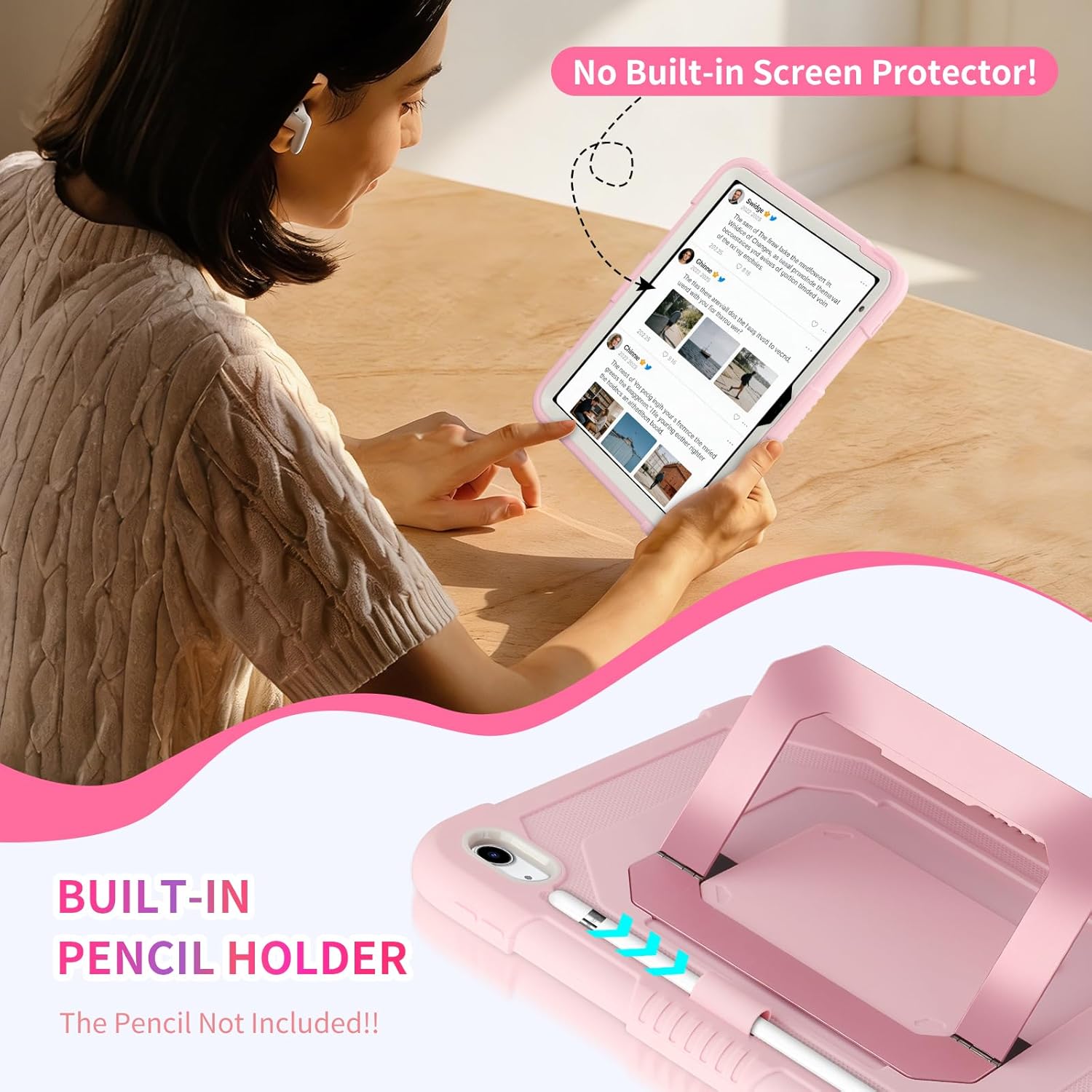 WESADN for iPad A16 Case 11th Generation 11 Inch 2025, for iPad 10th Generation Case 10.9 Inch 2022 Kids Girls with Multi-Angle Foldable Metal Stand Pencil Holder Heavy Duty Hard Tablet Cover, Pink