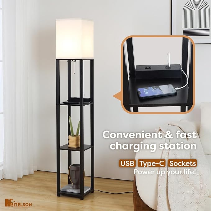 MITELSON Floor Lamp with Shelves and USB, USB-C & Power Outlets, Shelf Lamp with Charging Station, Modern Square Lamps for Living Room, Standing Floor Lamp for Bedroom and Office, Tall Lamp, Black photo 2