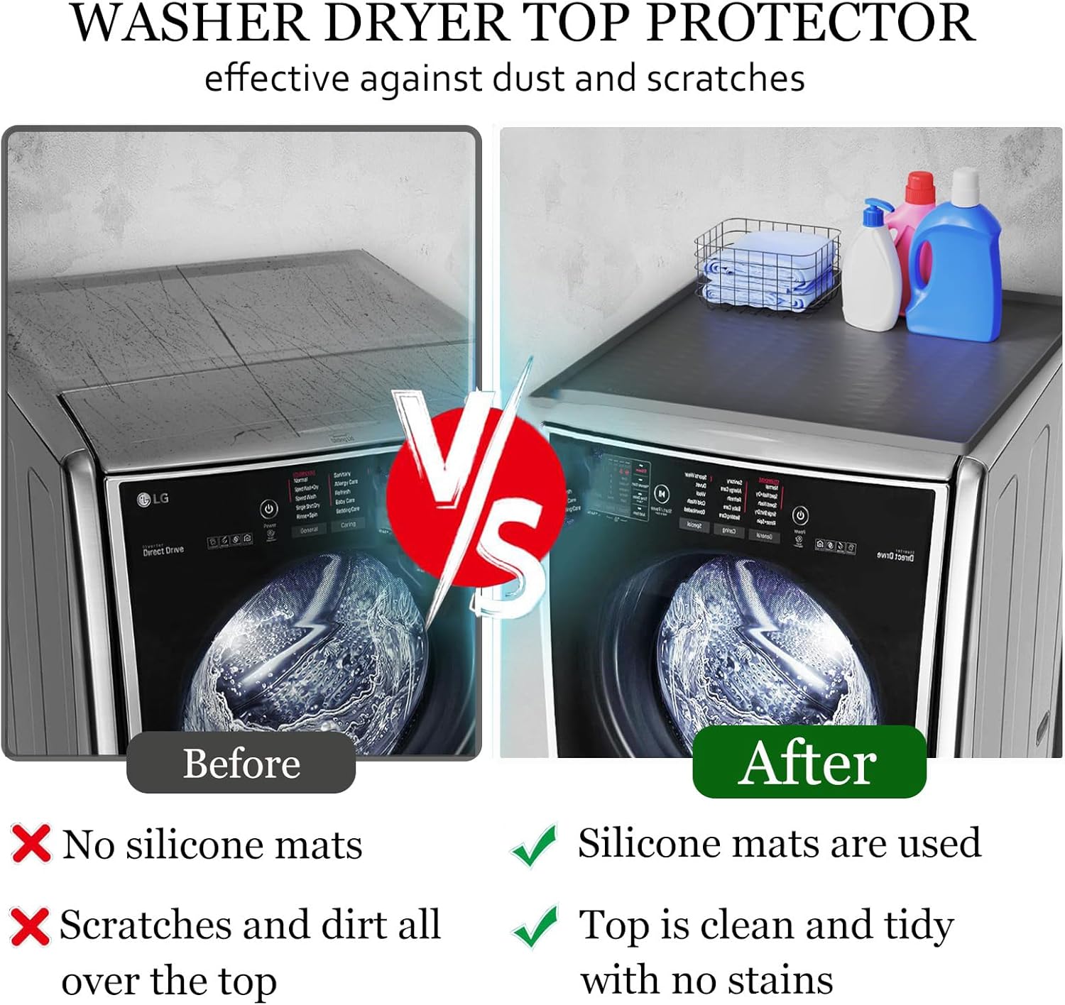 Washer and Dryer Top Protector Mat, 2 PCS, 25.6“ x 23.6" Silicone dust pad, Non-slip,Heat-Resistant, Leak-Proof Top Protector for Laundry Room Essentials,(Gray,2 PCS)