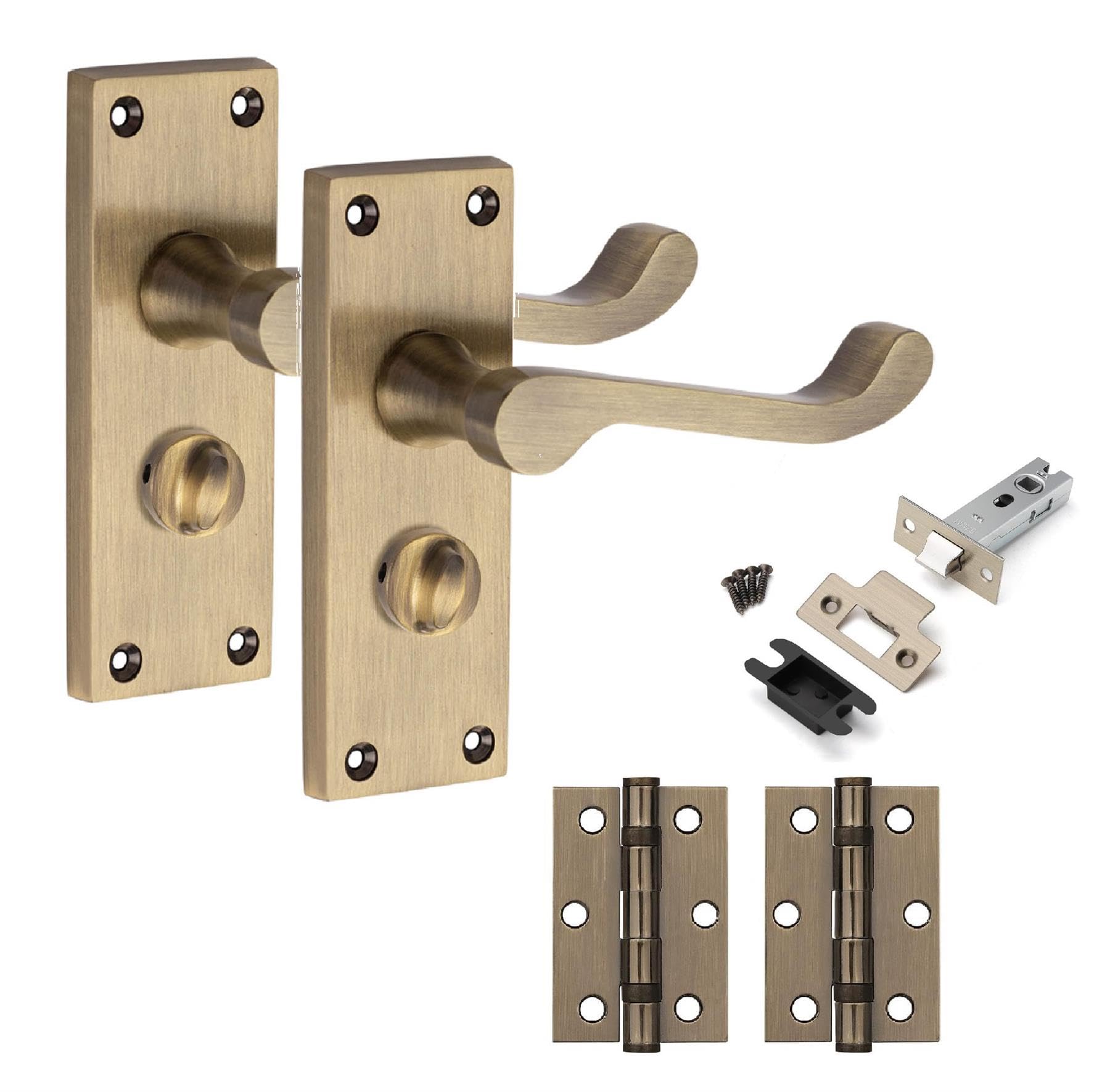 Golden Grace Antique Brass Victorian Scroll Privacy Door Handle Set Finish With Hinges