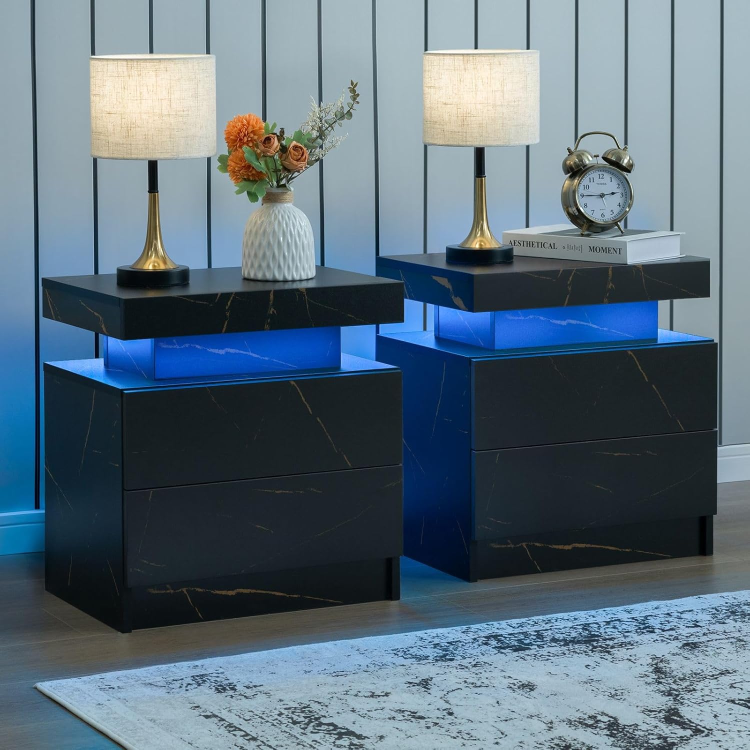 LED Nightstand LED Bedside Table with 2 Drawers, Wooden Cabinet Unit with LED Lights for Bedroom, End Table Side Table for Bedroom Living Room… Black Gold