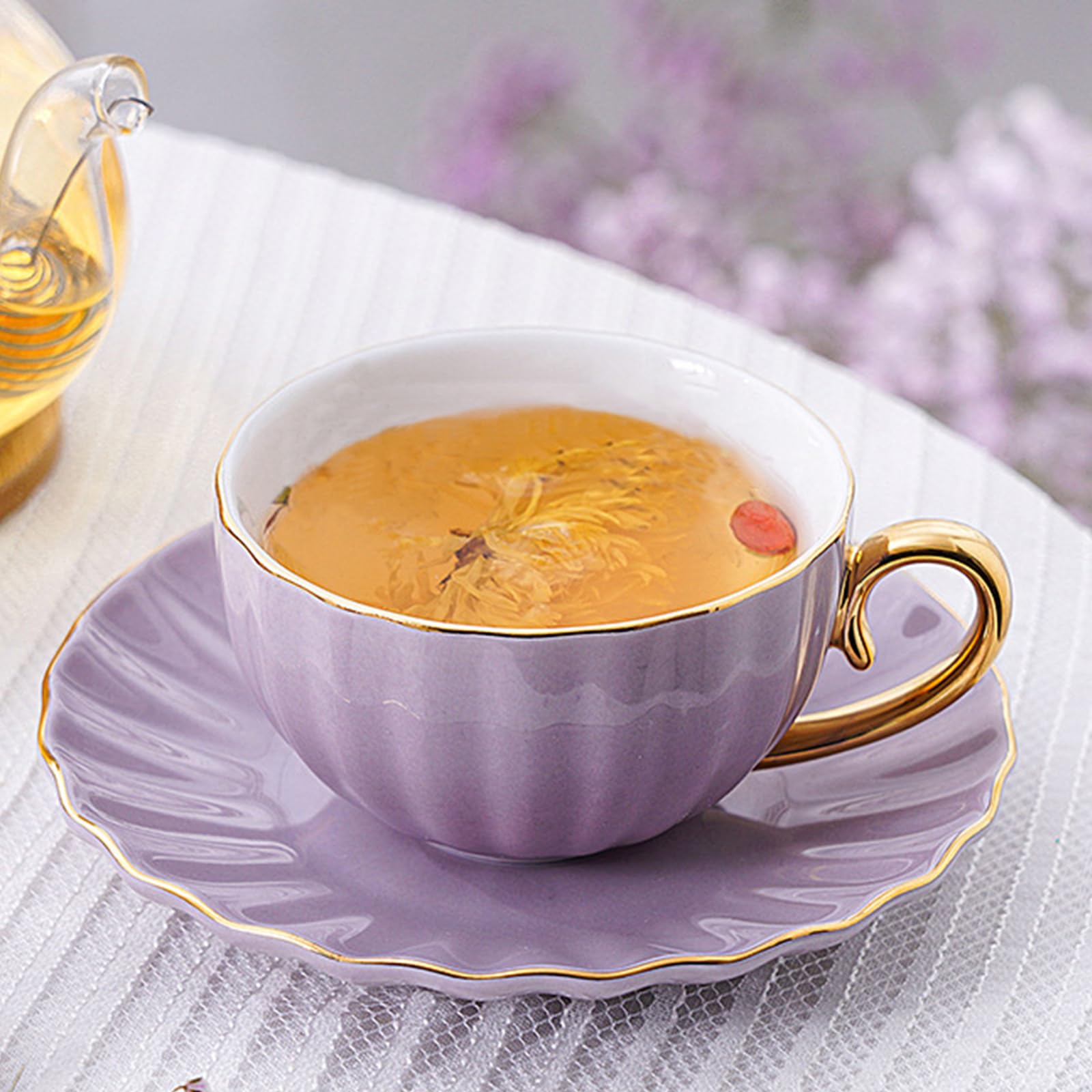 ICHAG Juego de 6 tazas de té y platillos, juego de tazas de té, taza de té y platillo, juegos de té para mujeres, fiesta de té para adultos, tazas de té de calabaza de 7 onzas, para té de la tarde,