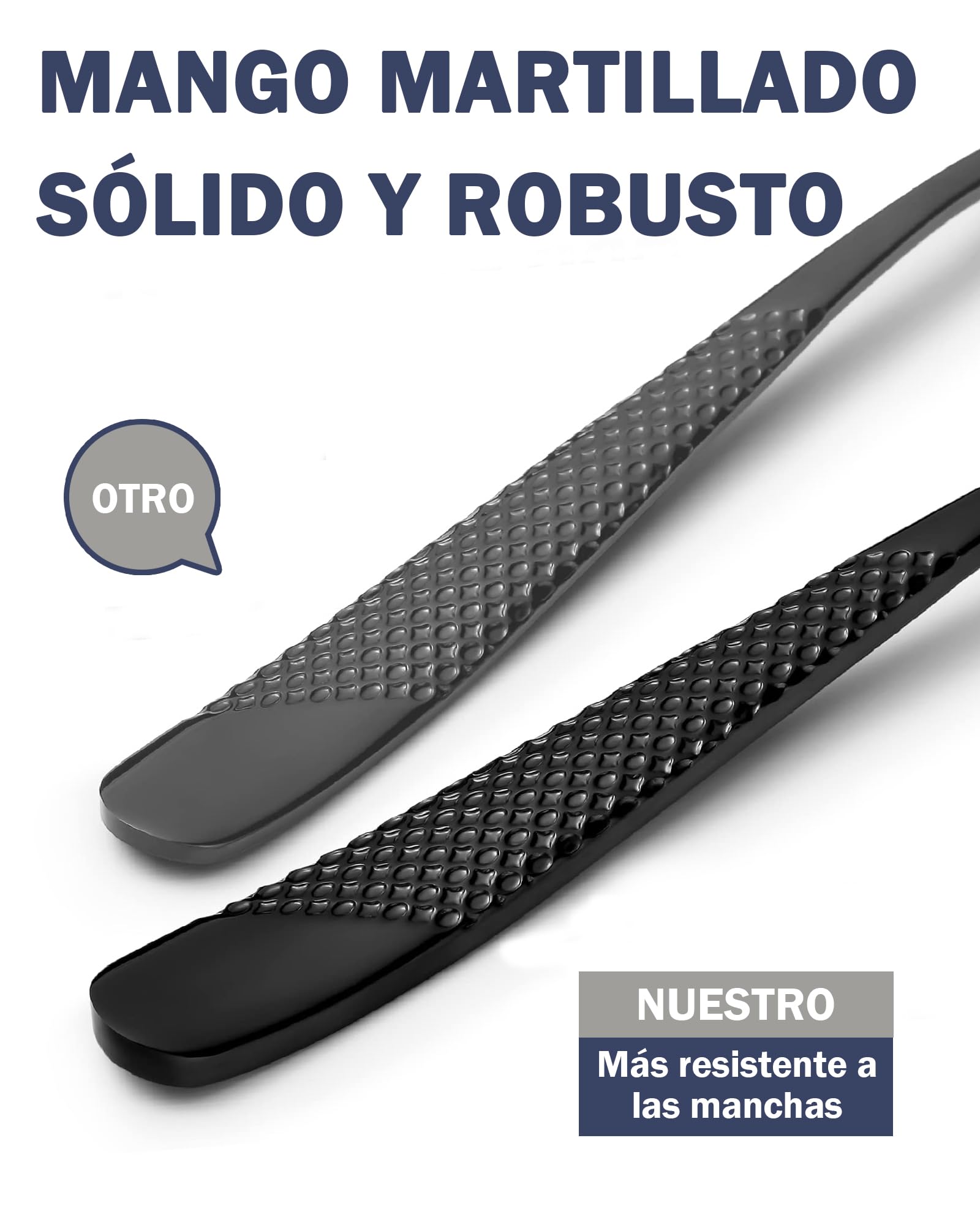 Juego de cubiertos martillados negro modernos de 24 piezas con cuchillo dentado 2 en 1 ultra afilado, set de cubiertos acero inoxidable 18/10, cuberterias completas 6 personas