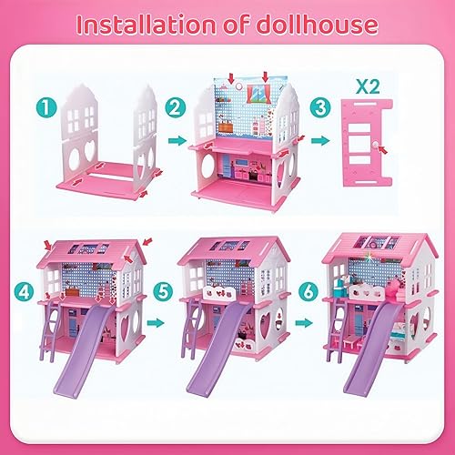 Miniatura 4 de Casa de muñecas, con sala de estar, dormitorio, baño, muebles de cocina, casa de muñecas de doble cara con 1 muñeca, 3 juegos de ropa, luces, Casa