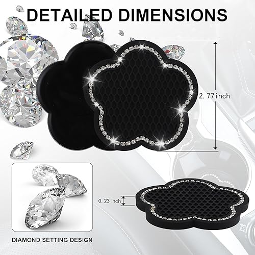 Miniatura 2 de GaRhomxy Posavasos para automóvil, 2 posavasos universales antideslizantes con brillantes, portavasos de PVC en forma de flor, portavasos de