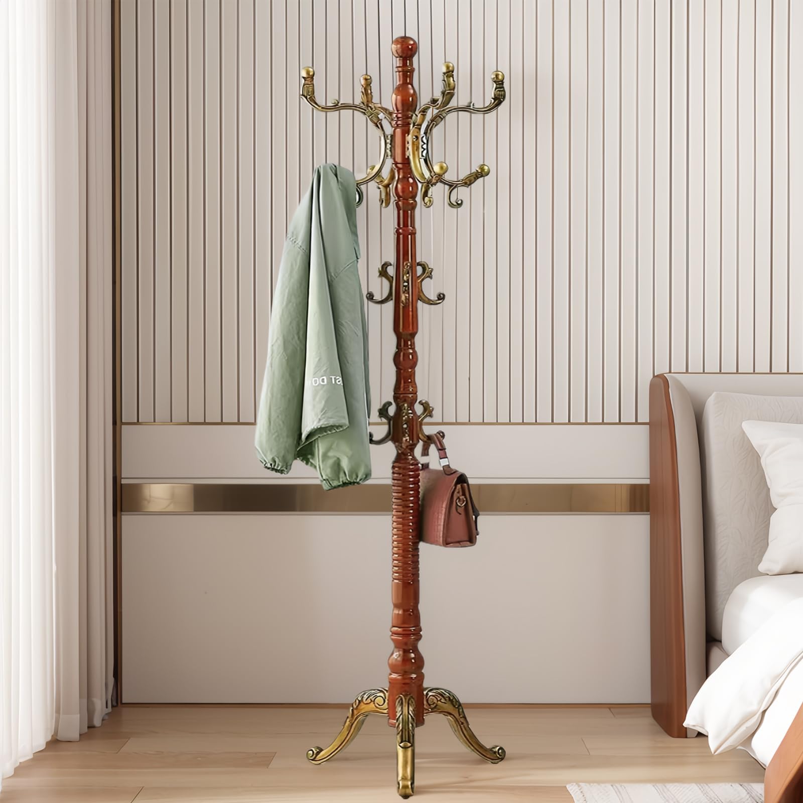 SEMIR Wood Coat Rack Natural Birch Entryway Coat Rack with 10 Hooks and Triangular Base Coat Tree to Hang Hats Jackets Bags Handbags