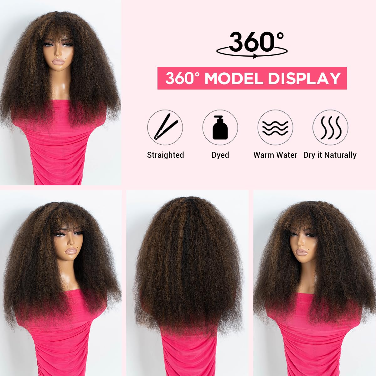 Rebecca Fashion Afro Kinky Curly Wig with Bangs Human Hair Minimalist 2.5x1 Lace Scalp Wig for Women Glueless Wear and Go Wigs Black Mixed Brown Color