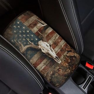 Deer Skull Print Car Center Console Cushion Pad American Flag Print Armrest Box Mat Universal Fit for Truck Sedan SUV Van, Easy to Install