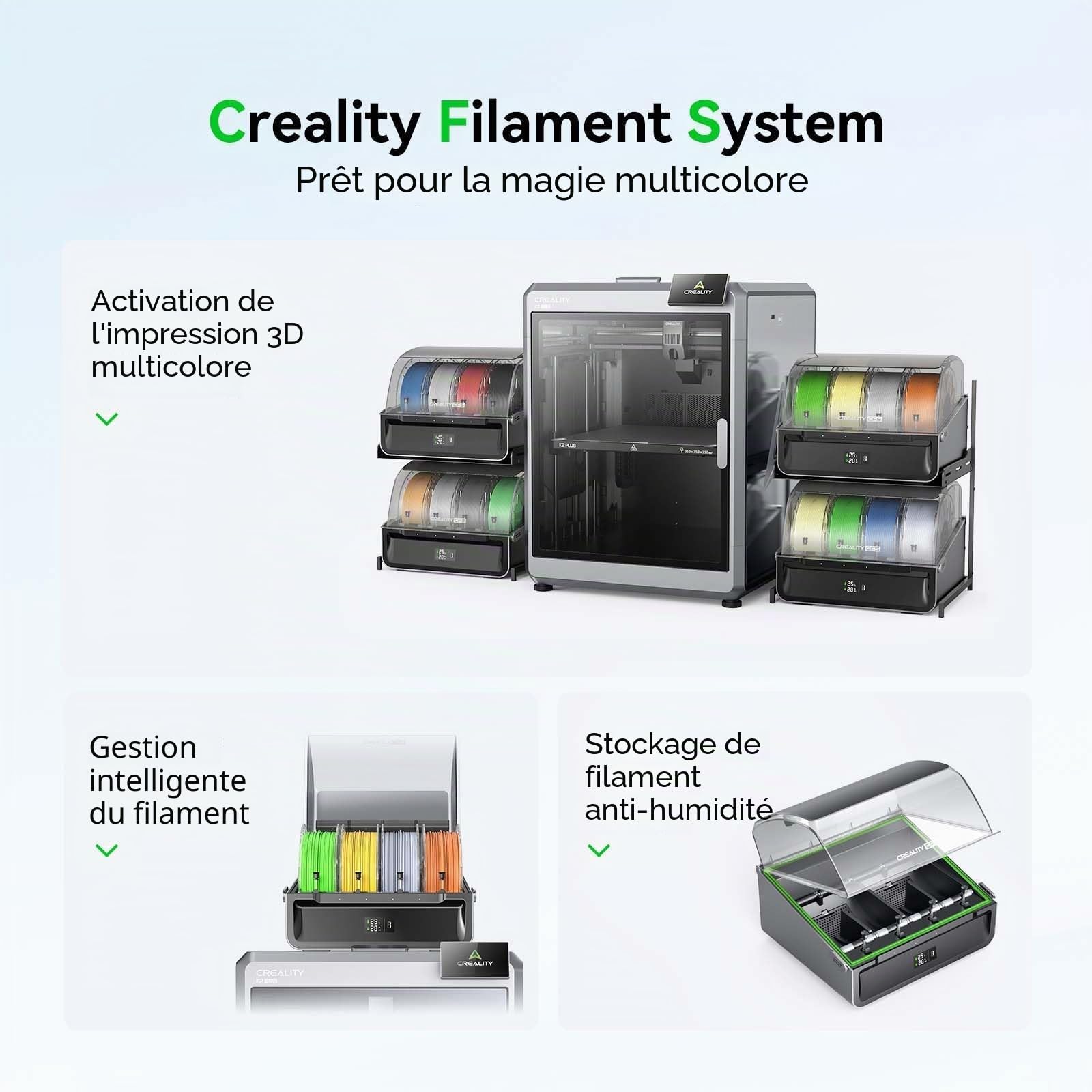 Creality CFS Système de filament multicolore automatique pour imprimante 3D HI et K2 Plus, association automatique des filaments, changement de filament et relais, séchoir à filament