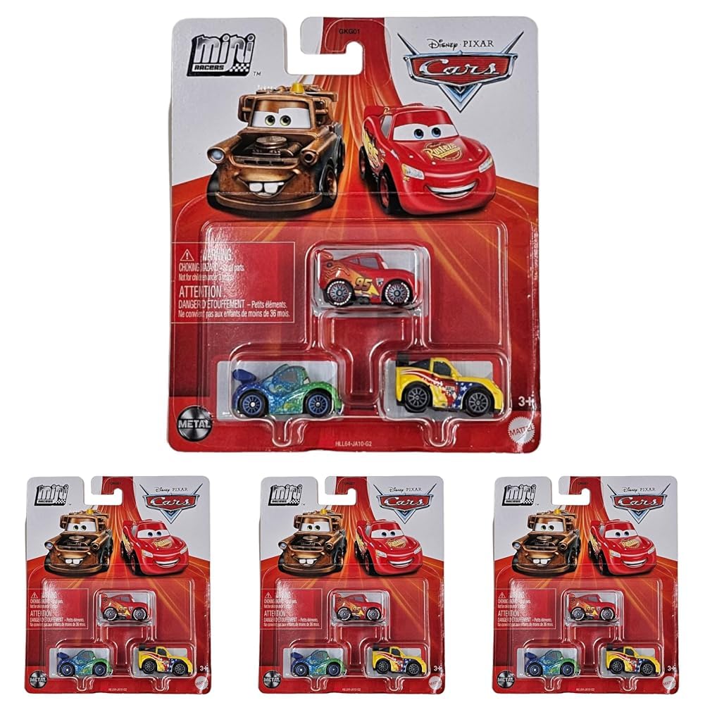 Disney Pixar Cars - Mini-Racers 3er-Pack Sortiment (Verschiedene Modelle, zufälliges Set), kompakt, authentisch, Spielzeug ab 3 Jahren, GKG01 (Packung mit 4)