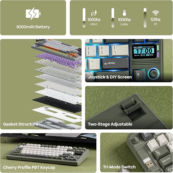 EPOMAKER RT85 Wireless Mechanical Keyboard with Joystick & DIY Screen, 8000mAh, BT/USB/2.4Ghz, Hot-Swap, PBT Keycap, Creamy Gasket, 75% Gaming Keyboard, US QWERTY (Green, Creamy Jade Switch)