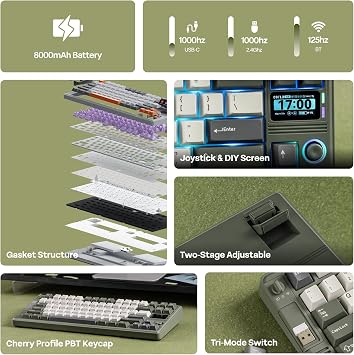 EPOMAKER RT85 Wireless Mechanical Keyboard with Joystick & DIY Screen, 8000mAh, BT/USB/2.4Ghz, Hot-Swap, PBT Keycap, Creamy Gasket, 75% Gaming Keyboard, US QWERTY (Green, Creamy Jade Switch)