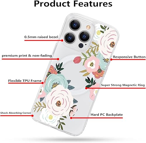 Miniatura 6 de Funda magnética transparente con diseño de flores para iPhone 15 Pro compatible con MagSafe, patrón floral transparente a prueba de golpes, parte