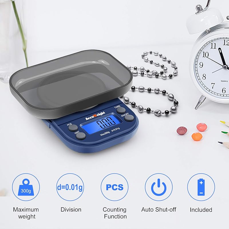 Accuweight Digitális Zsebmérleg 300g/0.01g - Kék LCD Kijelzővel, Számláló Funkcióval, Ékszer, Levél, Érme Mérésére, Hordozható Precíziós Mér
