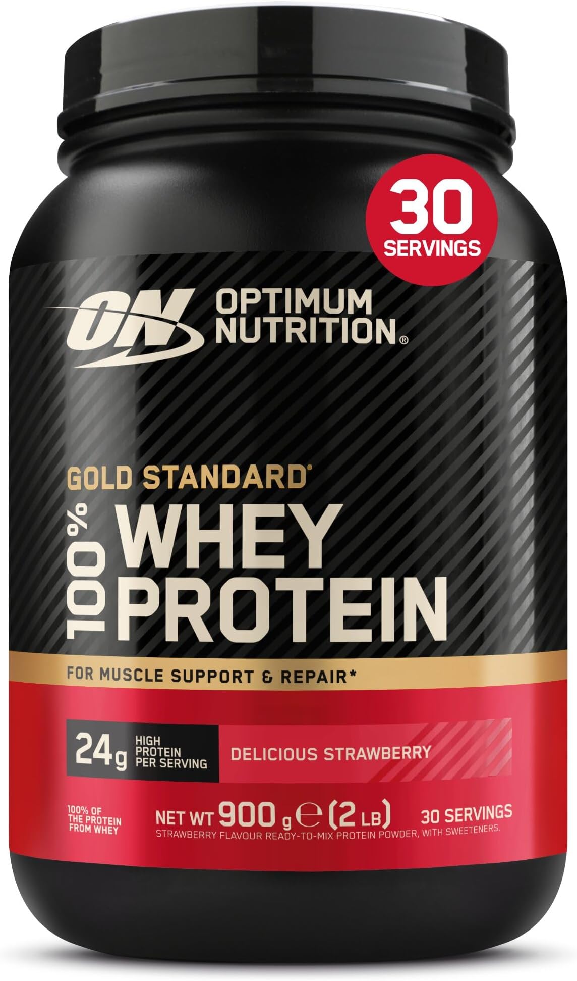 Gold Standard 100% Whey Muscle Building and Recovery Protein Powder With Naturally Occurring Glutamine and BCAA Amino Acids, Delicious Strawberry Flavour, 30 Servings, 900 g