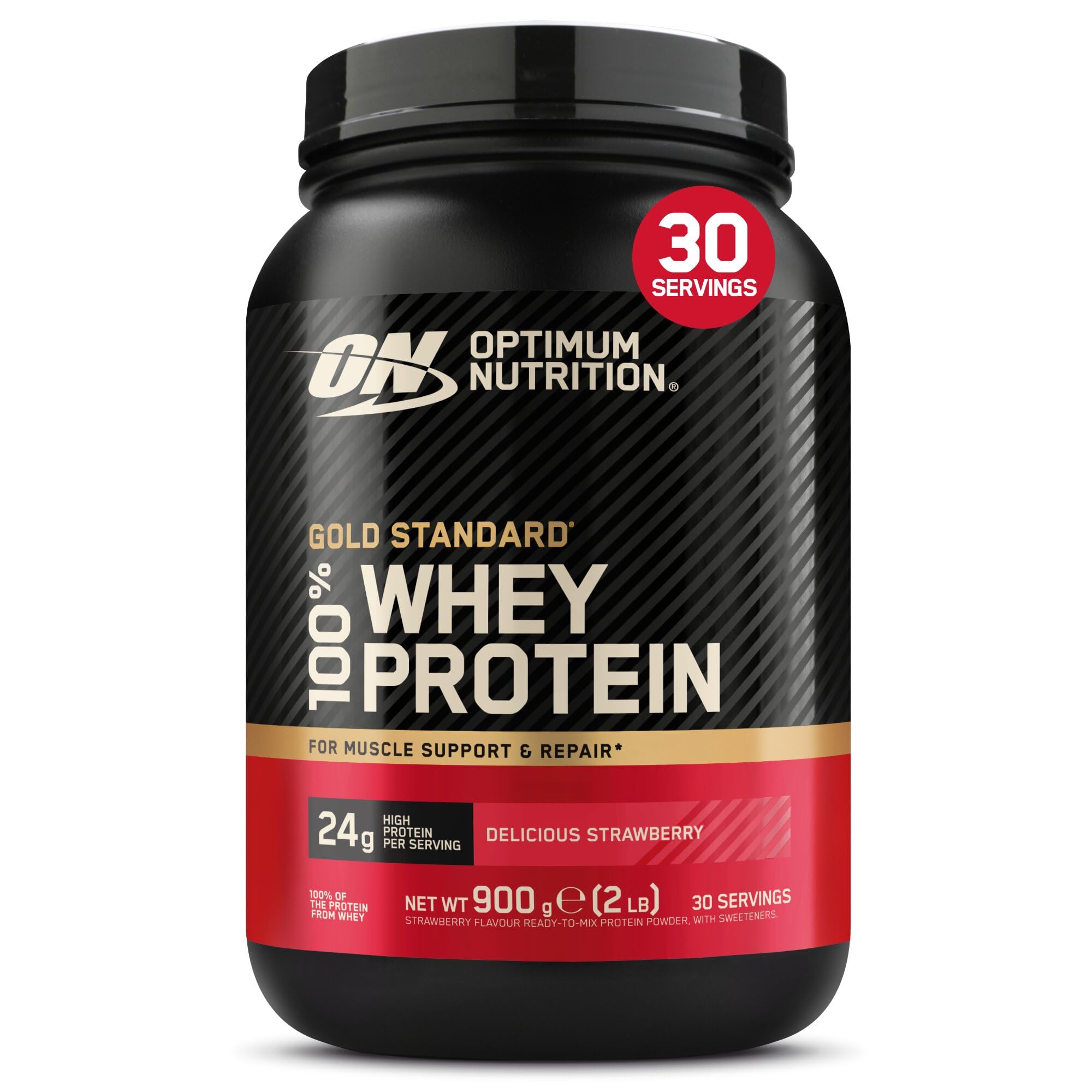 Gold Standard 100% Whey Muscle Building and Recovery Protein Powder With Naturally Occurring Glutamine and BCAA Amino Acids, Delicious Strawberry Flavour, 30 Servings, 900 g