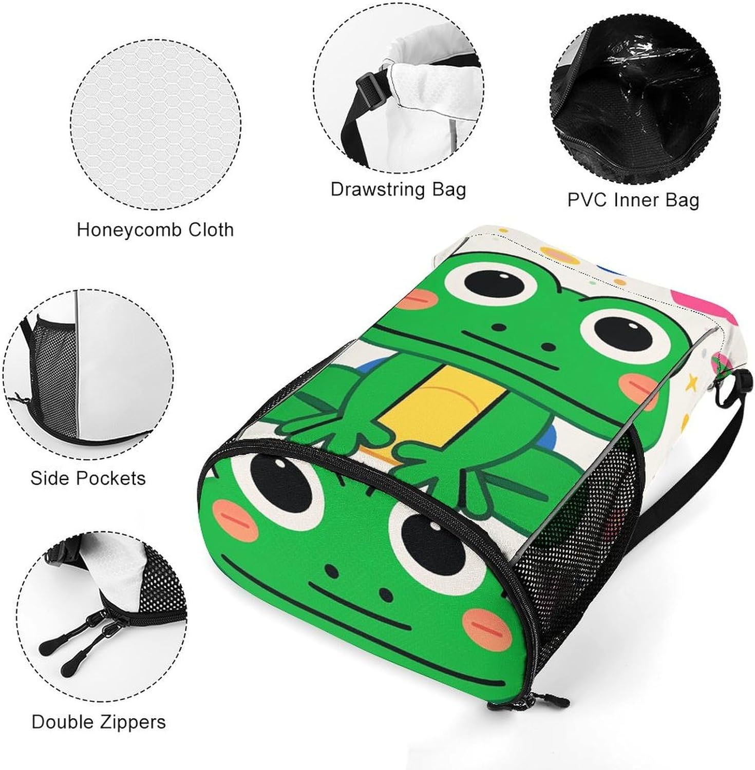 Drawstring Backpack Sports Gym Swim Bag with Shoes Compartment Cute Frog Pattern Stuff Sack