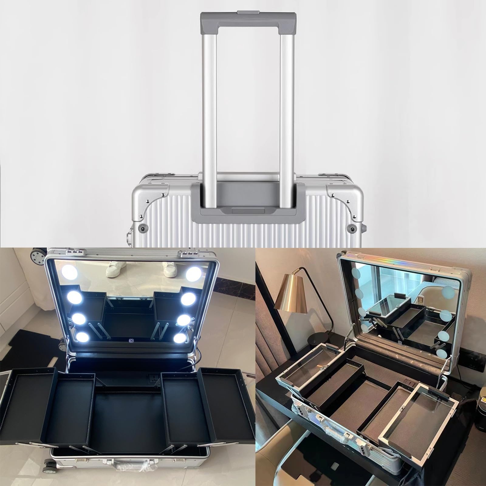 Aluminiowa walizka do makijażu z oświetleniem LED, profesjonalny organizer na kosmetyki ze stojakiem, przenośna toaletka na kółkach dla makijażystów, Srebrny pasek, 58X45X23cm