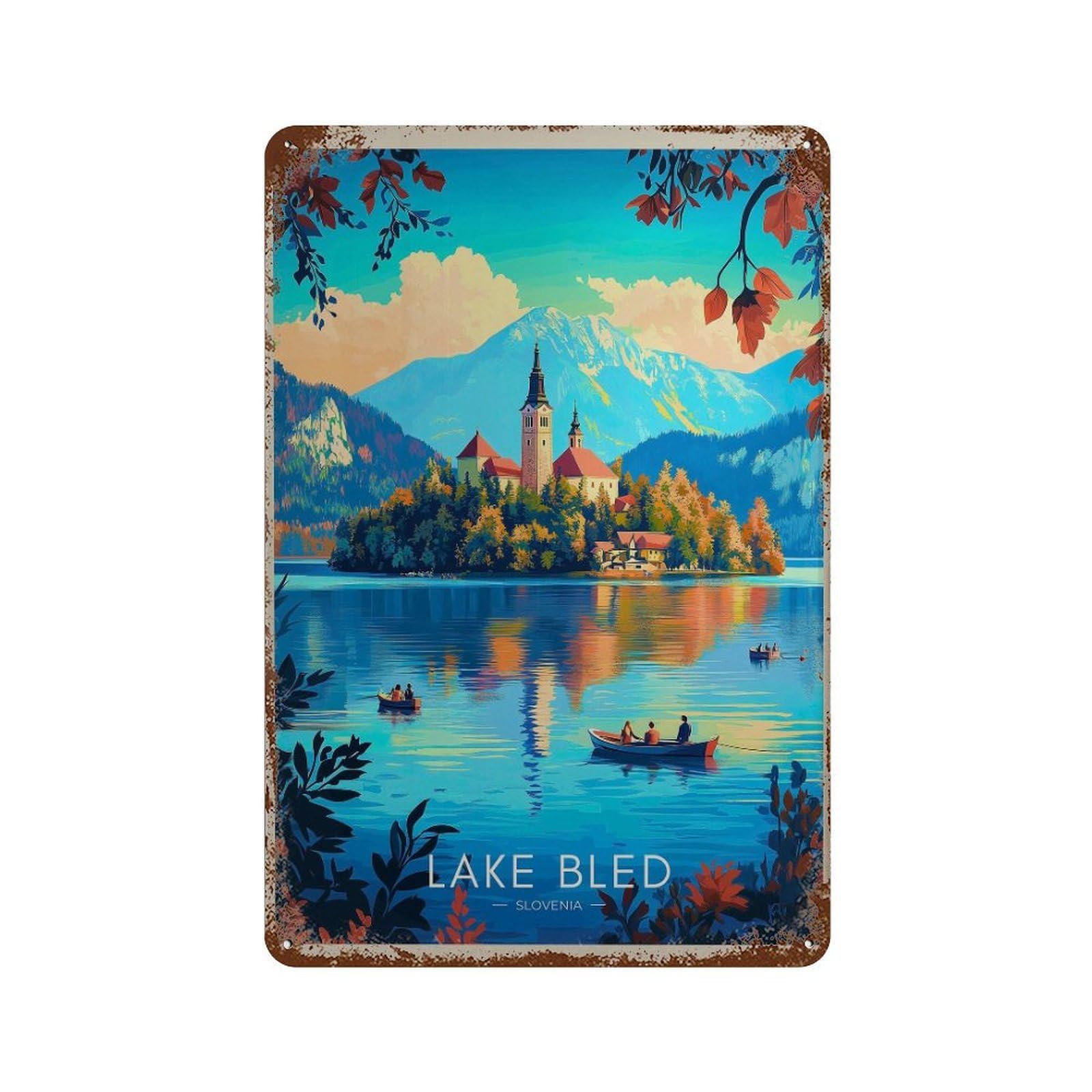 xiaoxiaoshen Lake Bled Slovenia Travel Illustrated Wall Decor Art Metal Tin Poster Modern Home Decor Art Home Bar Shop Decorations Vintage Sign 30x20cm