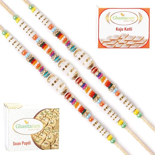 Ghasitaram Gifts Rakhi for Brother Rakhis Online Set of 3 152 Rakhis with 200 GMS of Kaju katli and 200 GMS of Soan Papdi