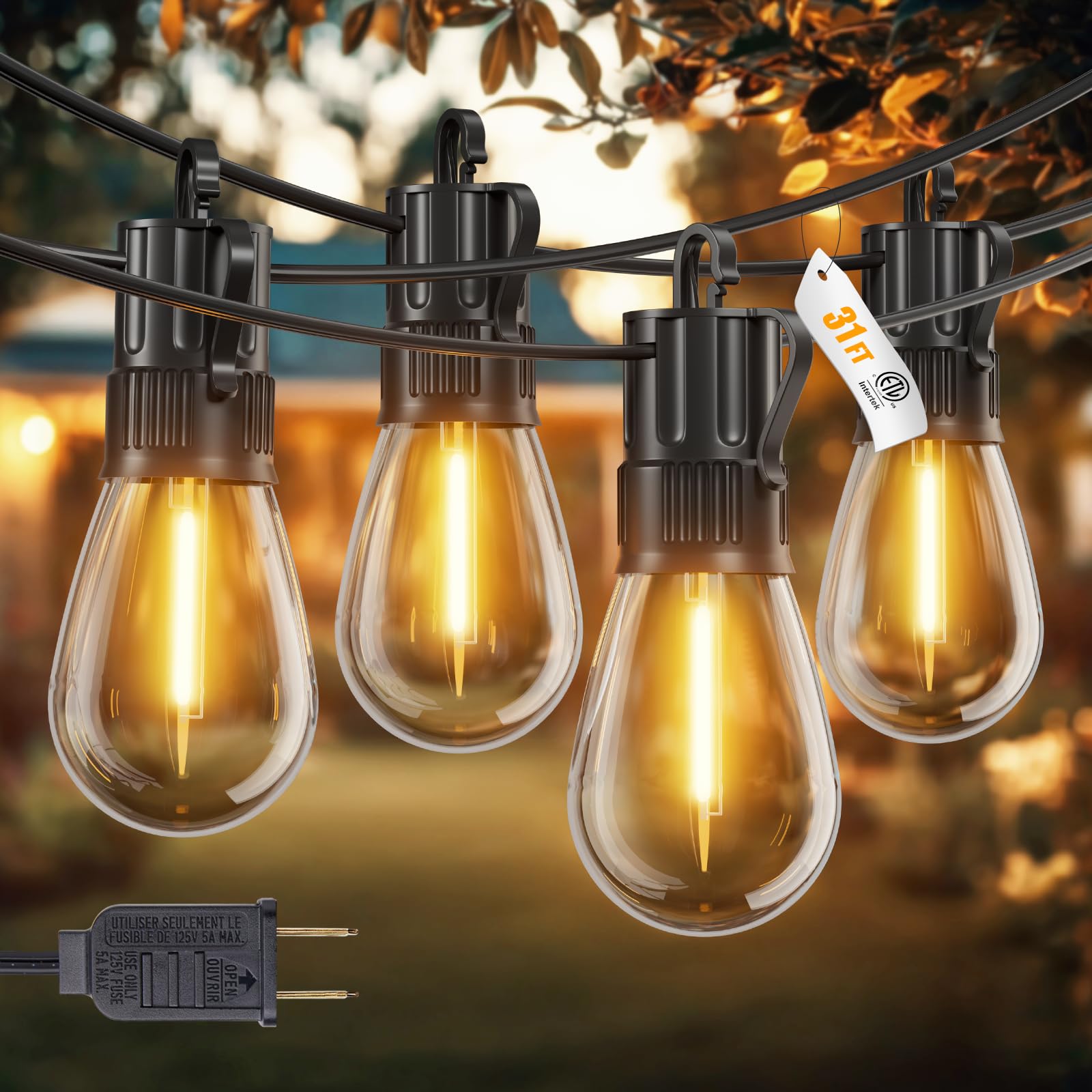 Minetom 31FT Outdoor String LED Patio Lights