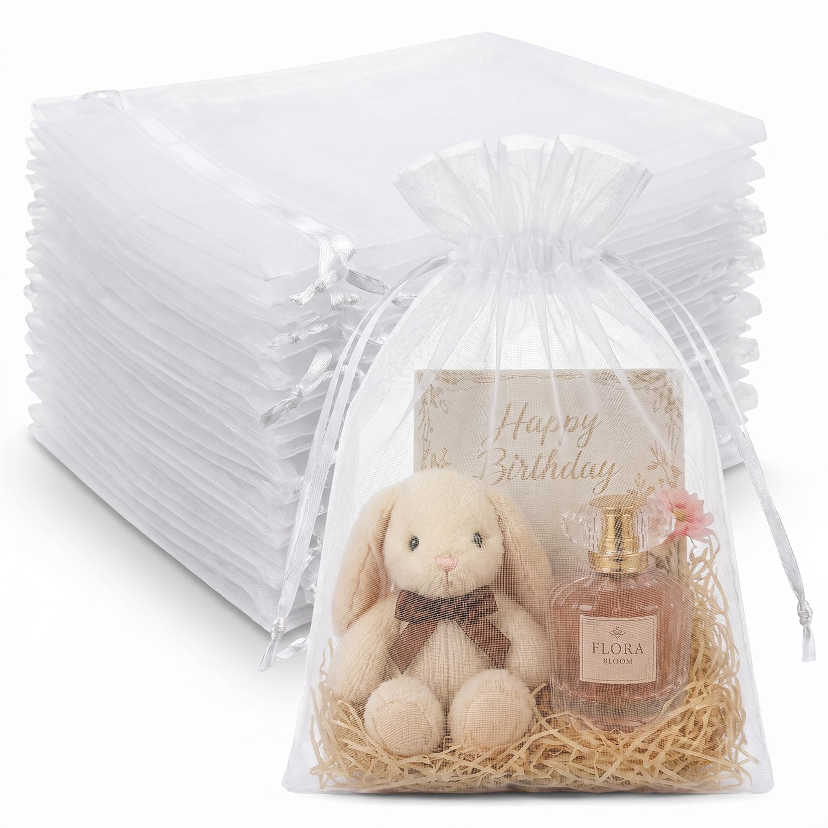 Crweety 50 Pcs Large Organza Bags 8x12, White Small Gift Bags Drawstring