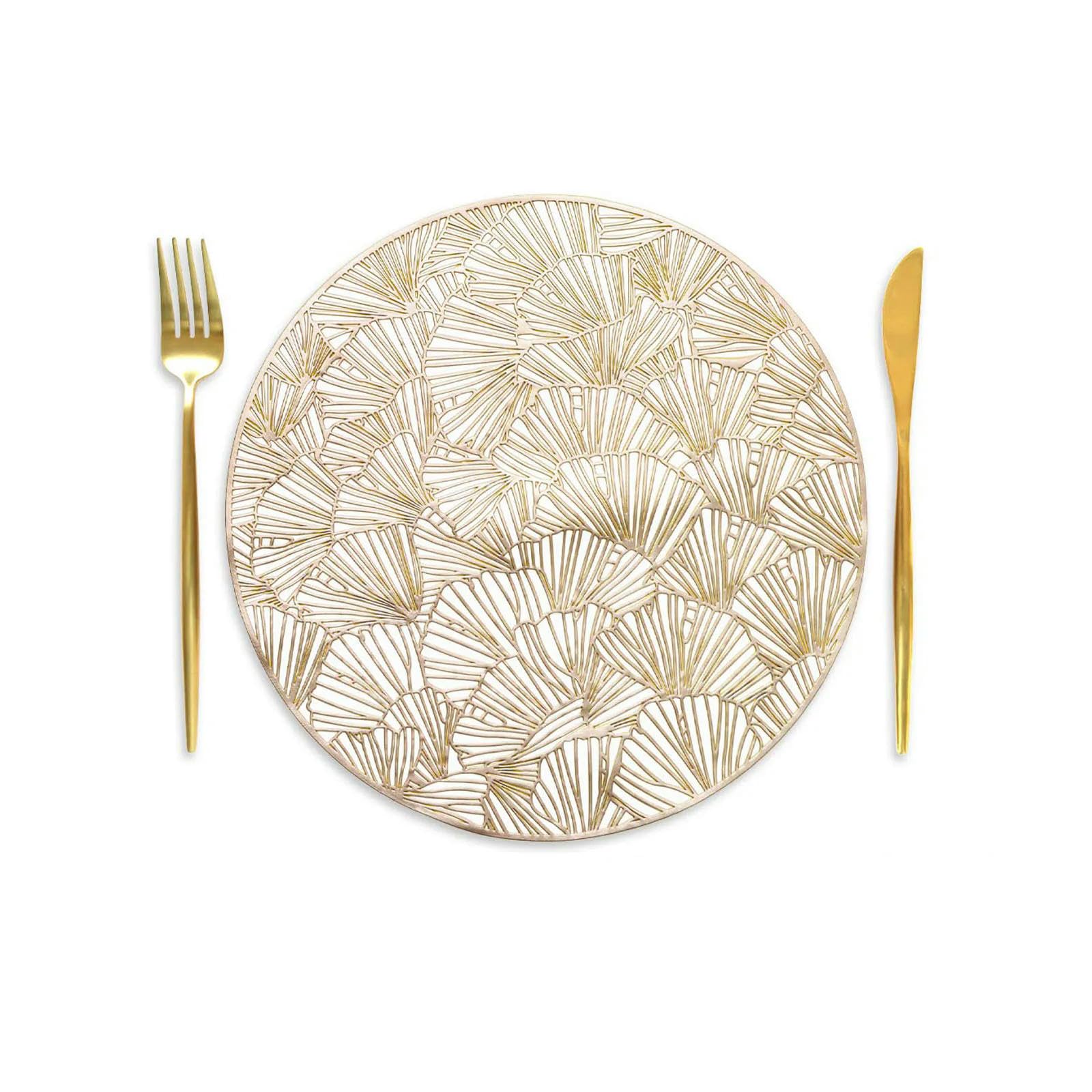 Runde Tischsets, goldfarben, 6er-Set, Tisch-PVC-Hohl-Tischsets, hitzebeständig, rutschfest, for Essen for Küche, Restaurant(Gold D)
