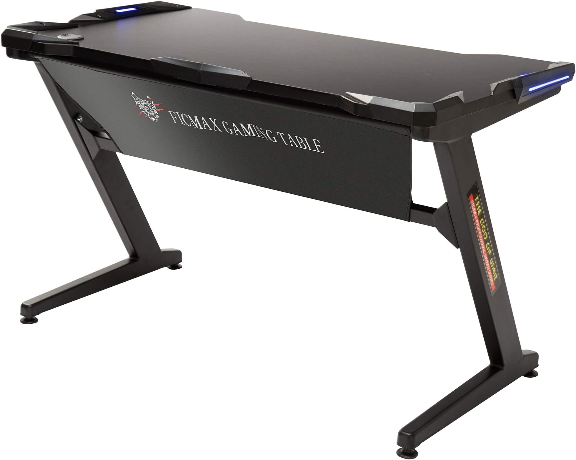 Gaming Desk Z Shape Gaming Computer Desk with LED Light Pro Gamer Computer Table with Leather Fender Cloth Ergonomic PC Desk for Gamer Z Leg Home Office Desk E-Sport Gaming Desk (Black)