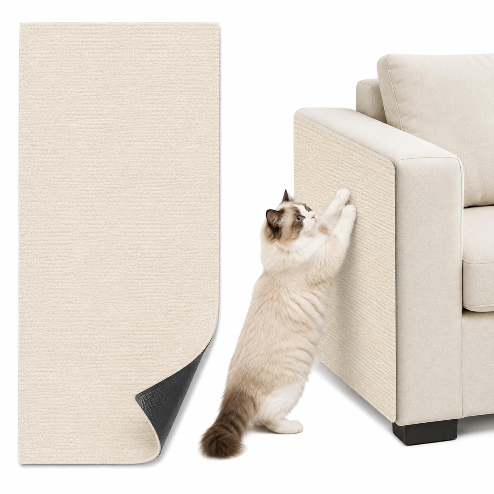 White Self-Adhesive Cat Scratch Mat 40x100cm, Durable Polyester Furniture Scratch Protector, DIY Trimmable Scratching Pad for Sofa, Couch, Carpet, Door, Cat Tree & Wall