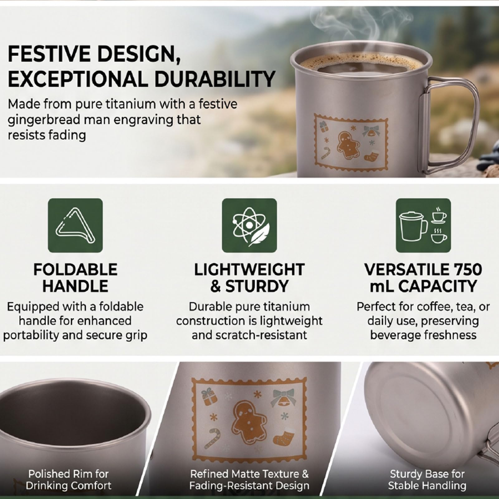 Lixada 750ml Trinkbecher mit Deckel und Klappbarem Griff, Weihnachtliches Lebkuchenmann Motiv, Tragbarer Becher für Kaffee, Tee, Saft, Outdoor Aktivitäten wie Klettern und Camping (750 ml)