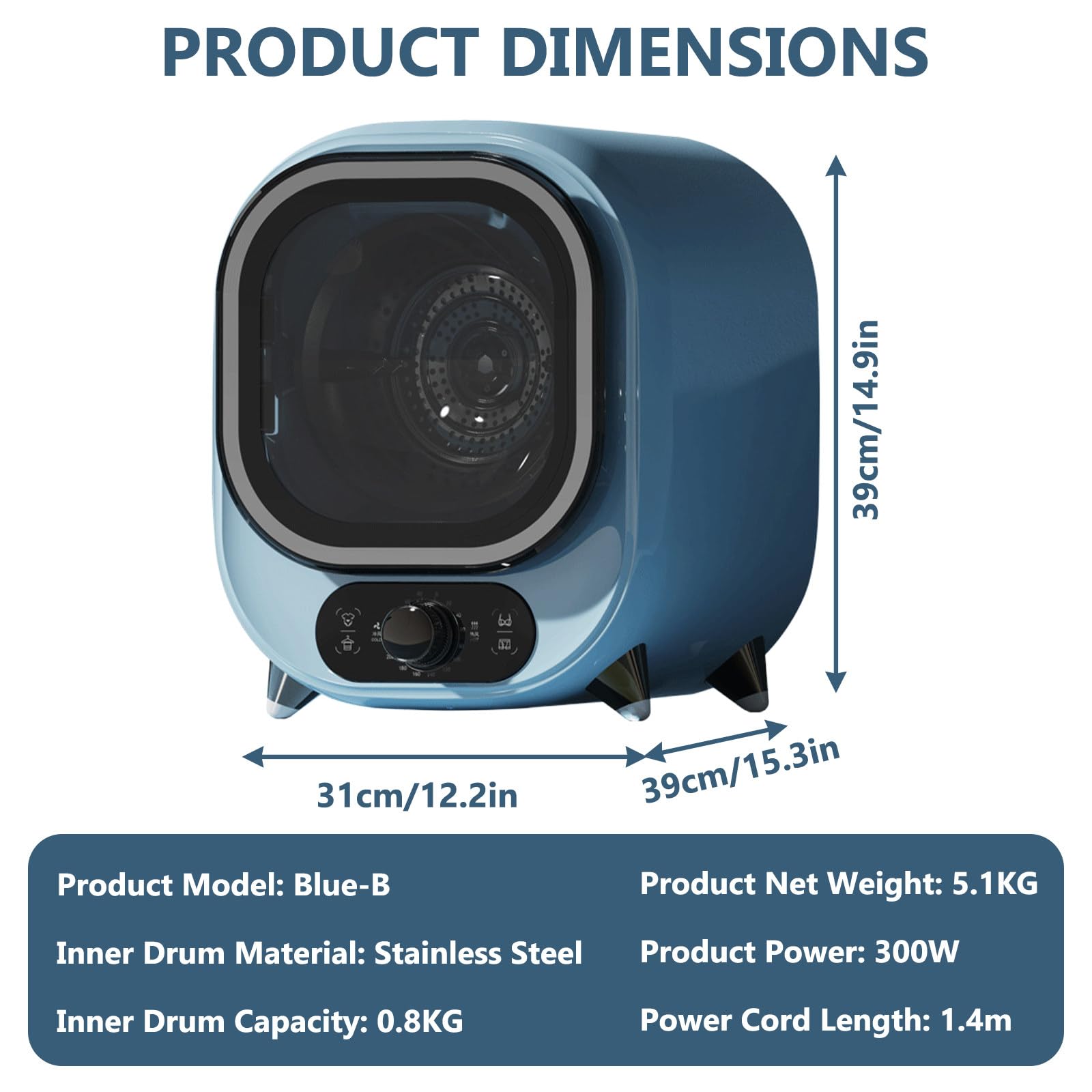Capacidad De Carga Frontal, Secadora De Ropa PequeñA, para Uso sobre Encimer, CirculacióN De Aire Caliente Tridimensional De 360°, Temperatura Constante De 60℃ Blue-B