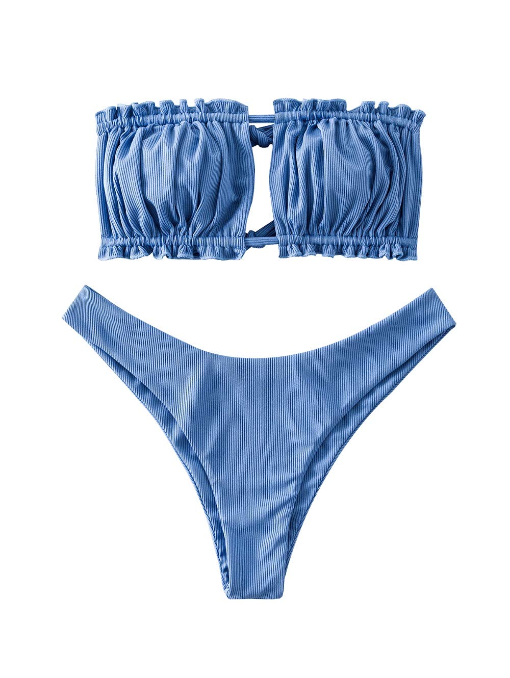 ZAFUL Set Bikini Due Pezzi da Donna, Bandeau Arricciato a Coste Senza Spalline Reggiseno Imbottito Natural Waist Briefs