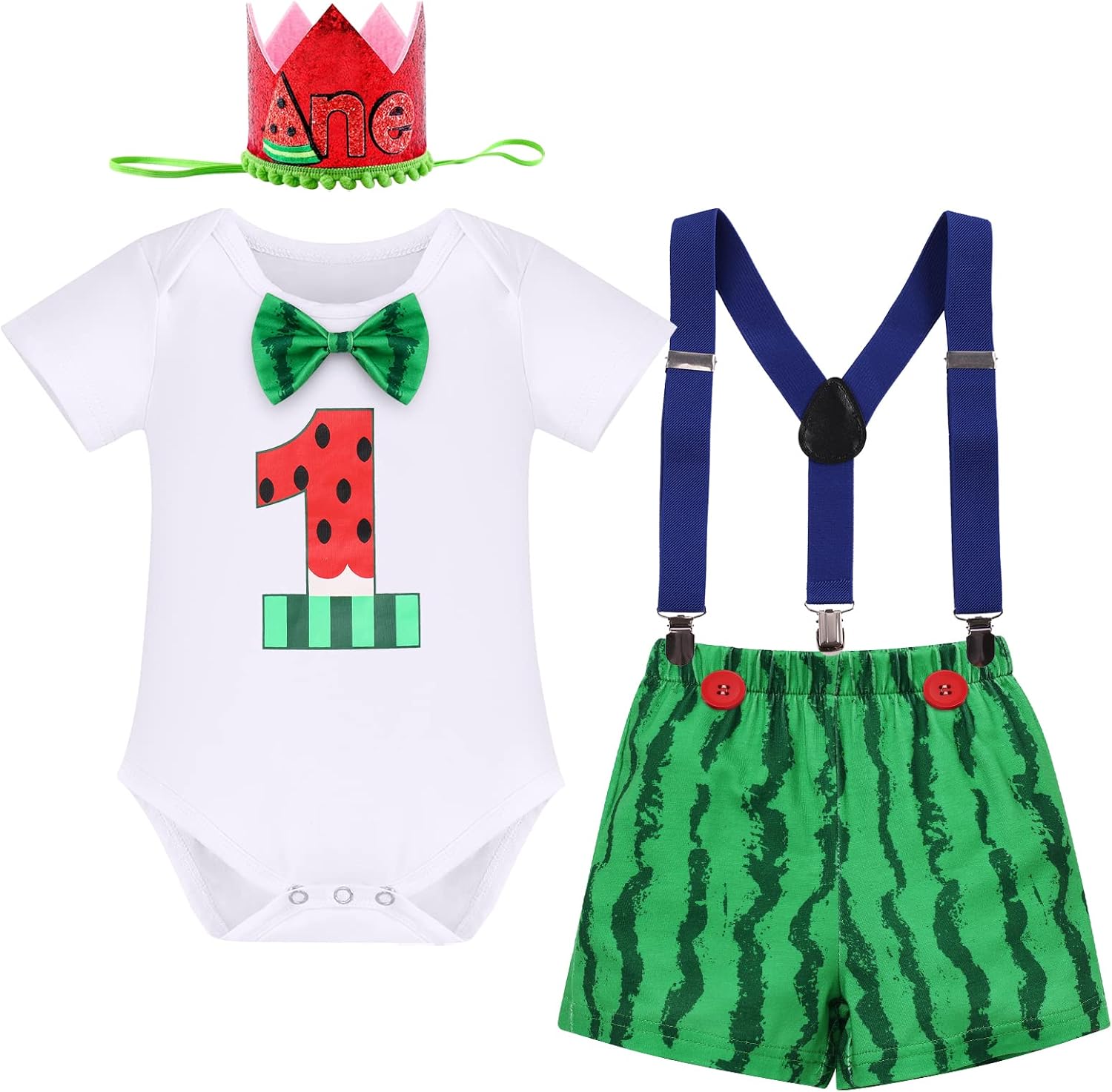 FYMNSI Baby Boy Melon 1st Birthday Cake Smash Outfit Bowtie Romper Adjustable Watermelon Shorts Party Photo Shoot Clothes Set