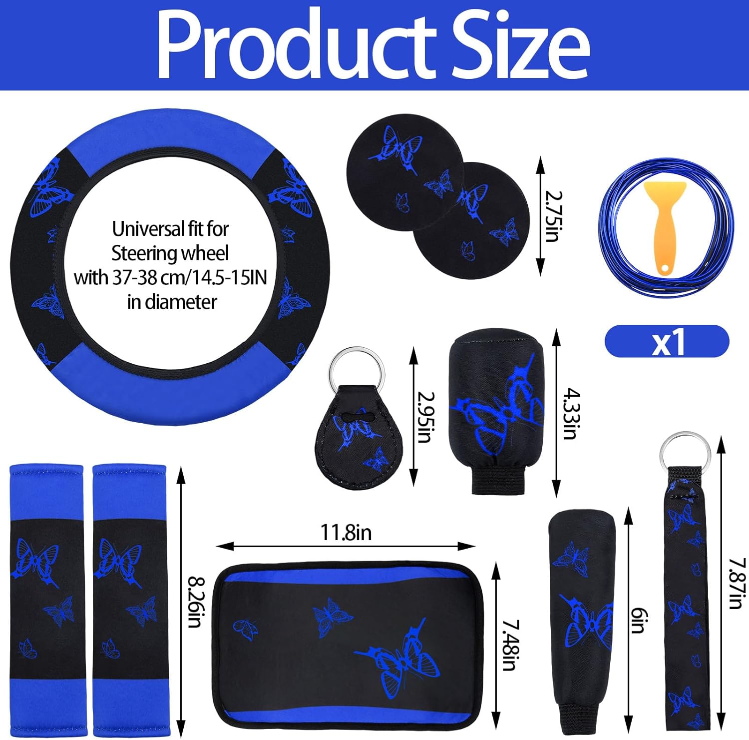 BBTO 43 Pcs Butterfly Car Seat Full Set Butterfly Car Accessories for Women 5 Front Rear Seat Covers Wrist Strap 2 Pcs Cup Mat Armrest Pad 2 Belt Xmas Cover Accessories for SUV(Blue, Black)