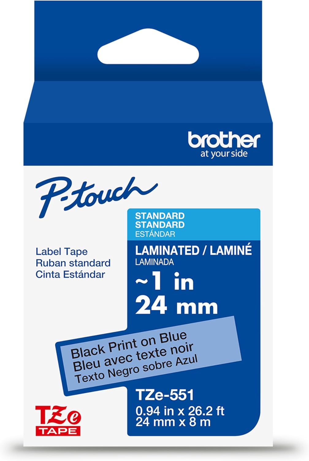 Brother Genuine P-Touch TZe Black Print on Blue Label Tape (TZe551), Laminated,1in x 26.2ft (24mm x 8m), for Select P-Touch Label Makers, Durable, Water-Resistant, Indoor/Outdoor Use