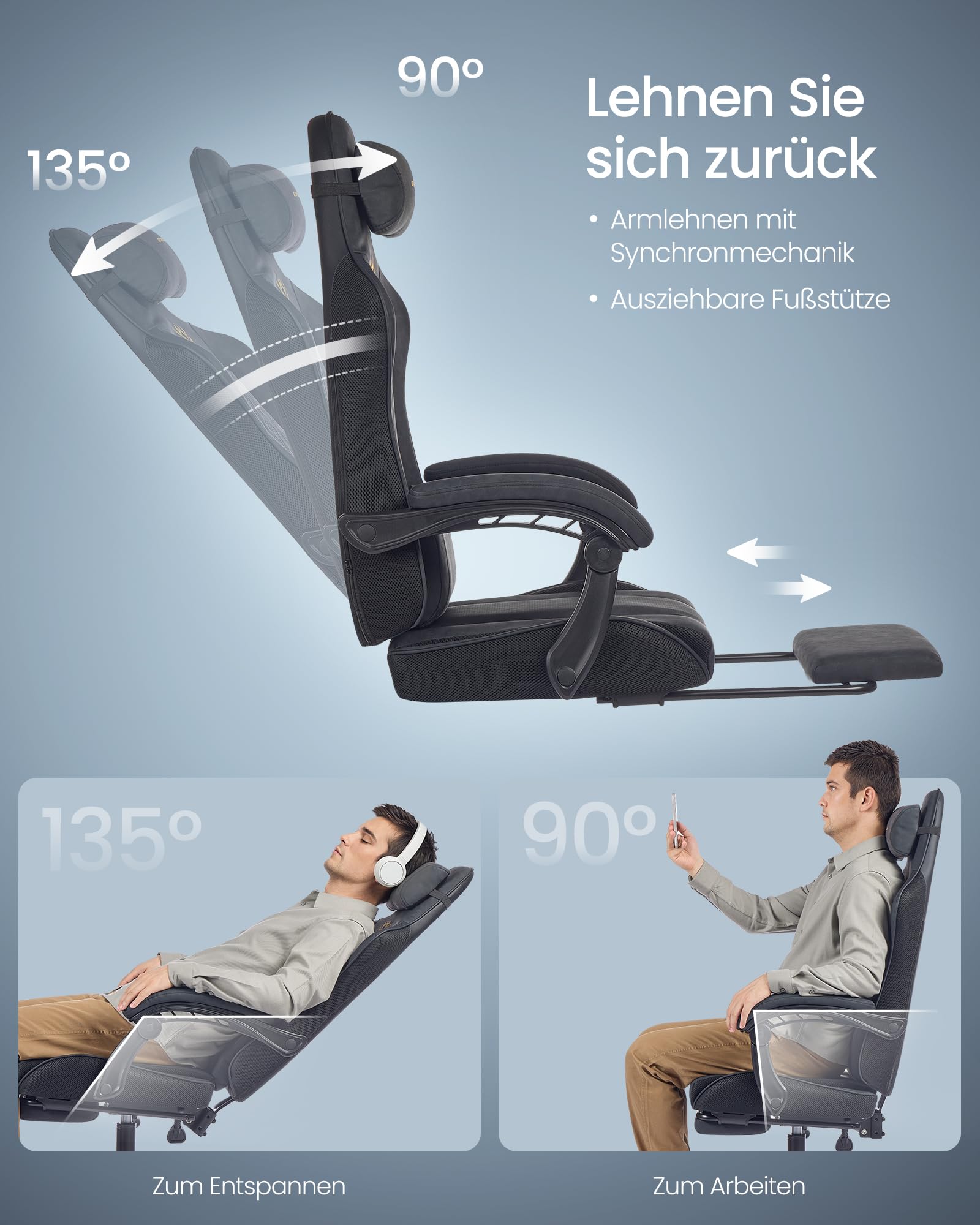 SONGMICS Gaming-Stuhl ergonomisch mit Fußstütze Armlehnen Synchronmechanik tintenschwarz OBG079B01