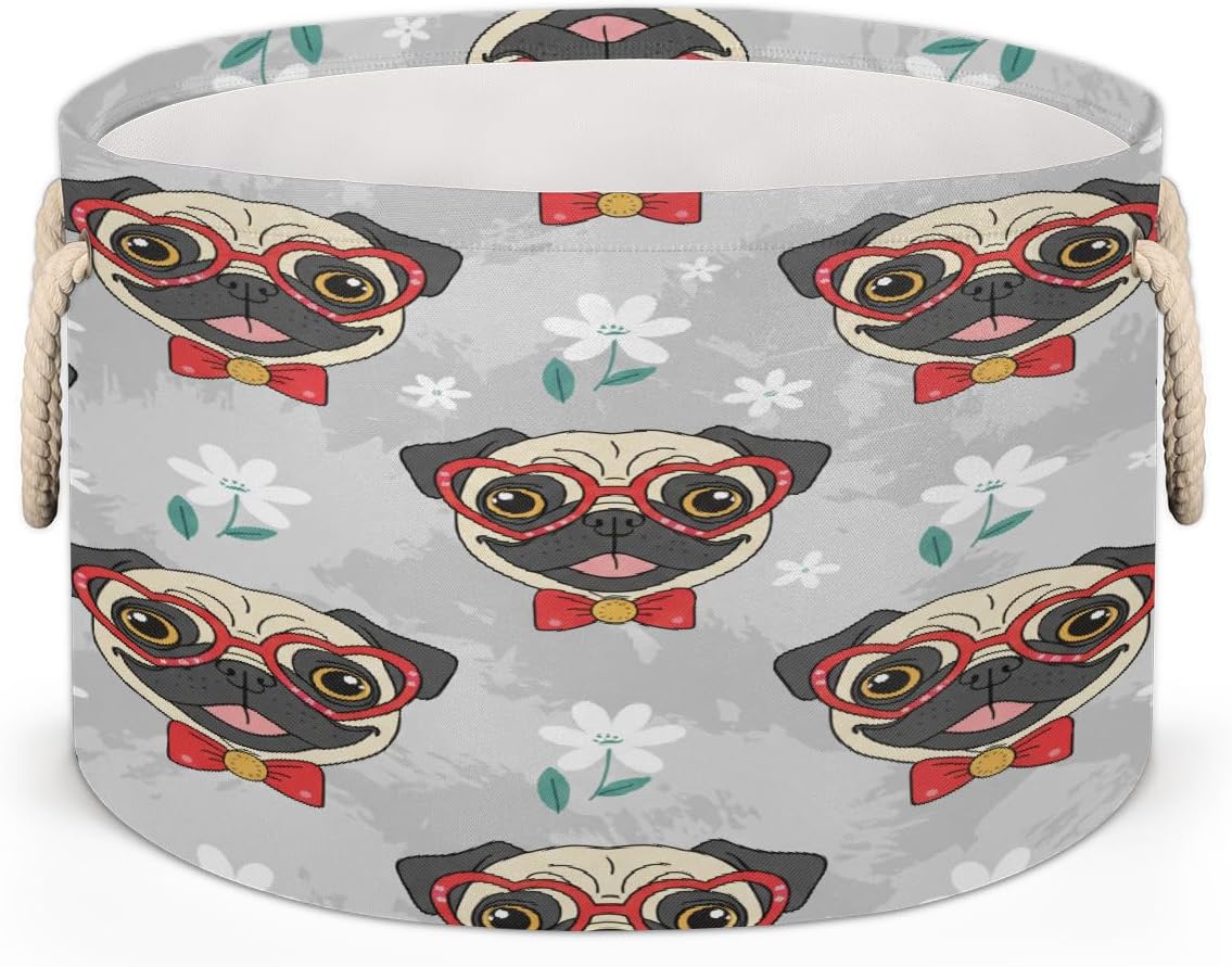 Large Storage Baskets - Pug Nursery Round Collapsible Organizer Bin Box, Laundry Hamper for Kids Toys, Blanket, Bedroom Living Room Home Decor, Gift Basket, 19.4"x13.3"