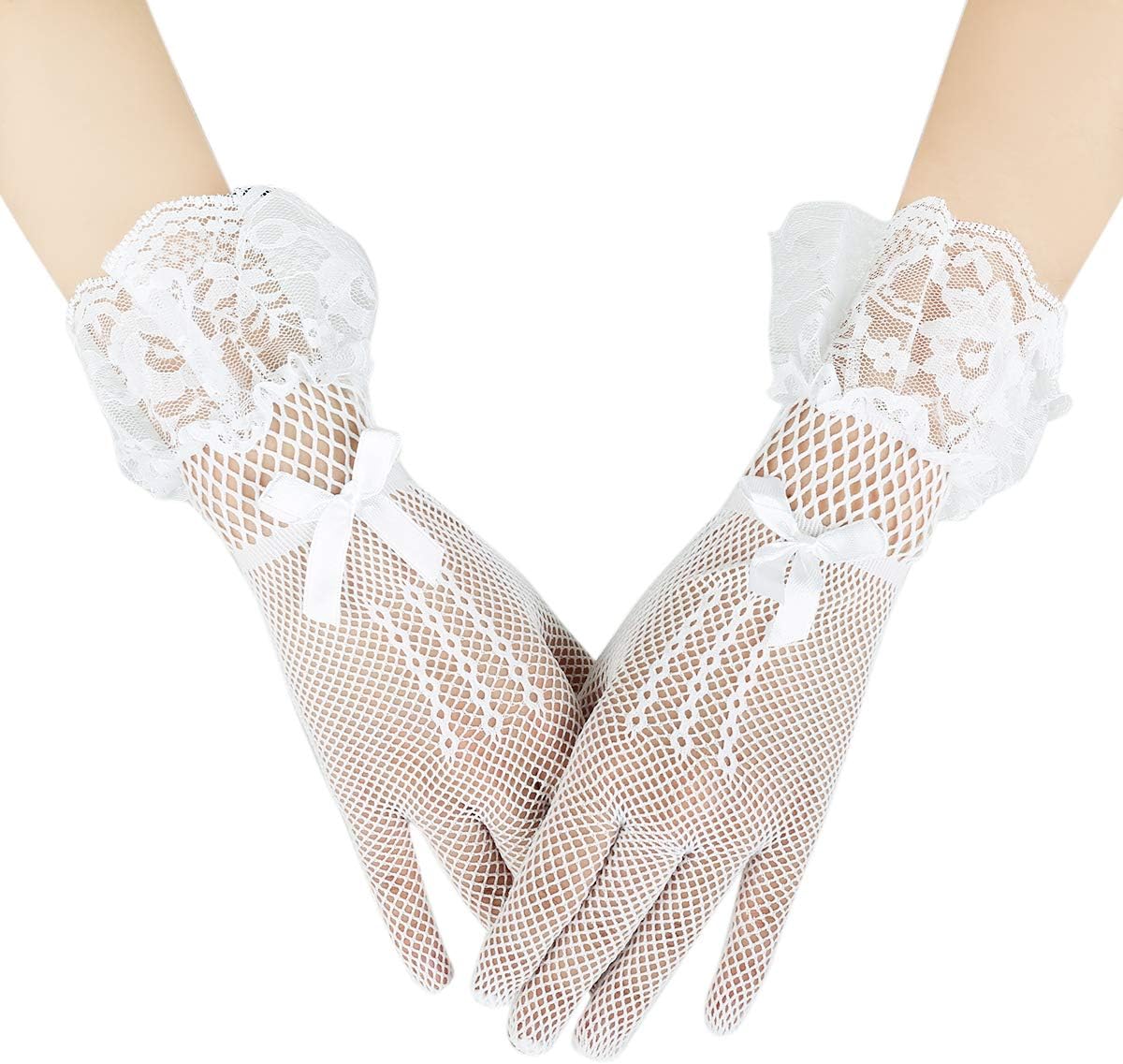 Women Party Bow Lace Elegant with Wrist Ruffle Bridal Wedding Gloves
