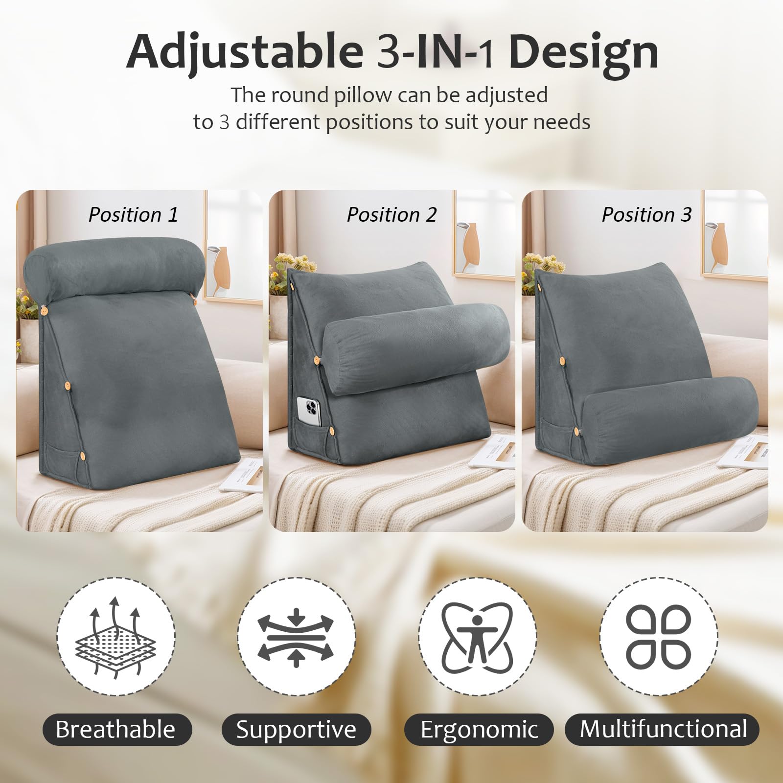 Cojín de apoyo para sofá, almohada de lectura ajustable 3 en 1 para sentarse en la cama para adultos, almohadas triangulares con rollo de cuello desmontable y funda lavable extraíble