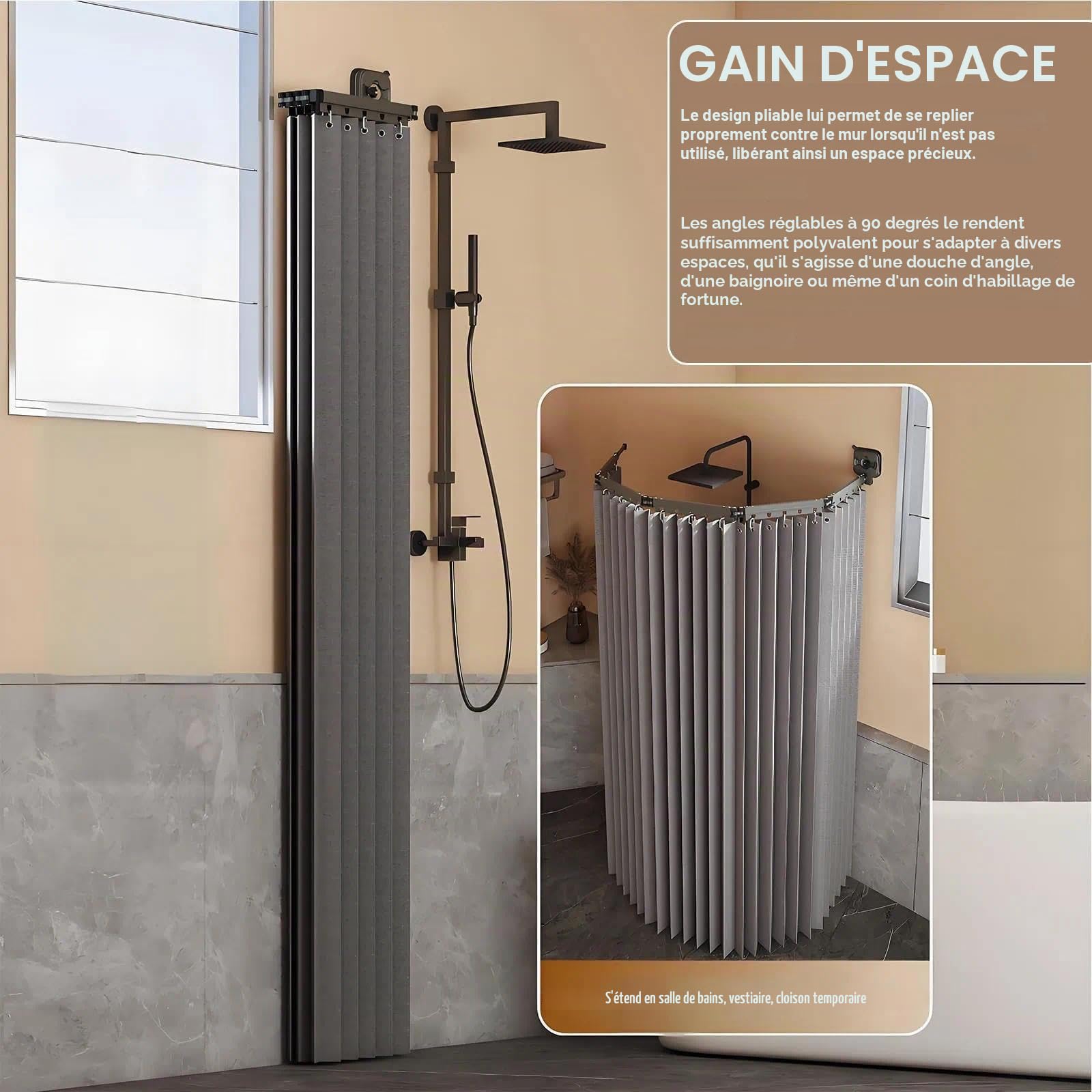 Cinq Directions Barre de Douche Pliable avec Rideau - Tringle de Douche en Aluminium à 5 Sections, Ventouses Incluses - Idéale pour Salle de Bain, Chambre, Balcon et Angle de Baignoire