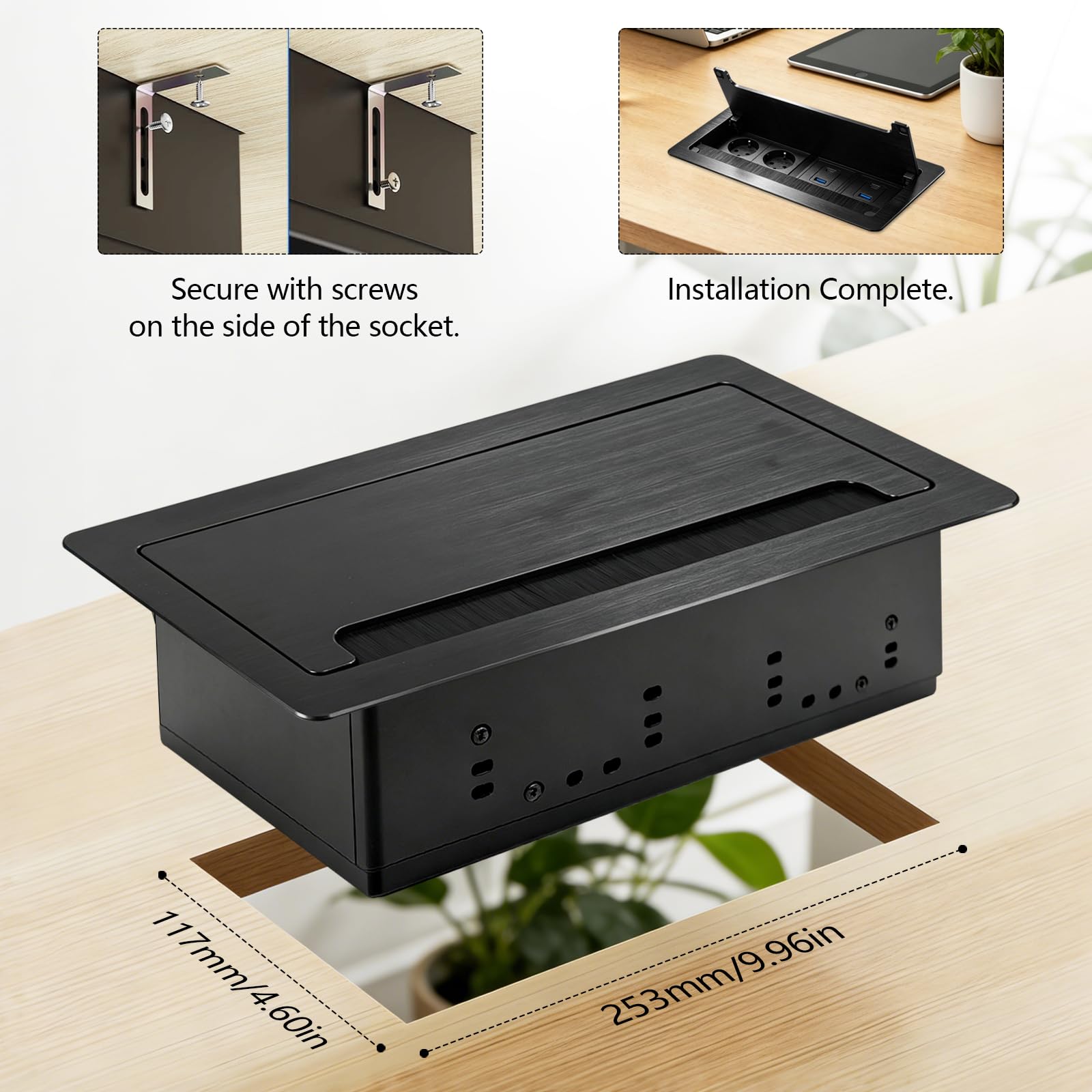 Prise Encastrable en Aluminium avec 2 Prises de Courant, 2 Ports USB-C PD 30W et 2 Ports USB-A, Multiprise Encastrable pour Cuisine, Plan de Travail et Bureau, 1.8M Câble