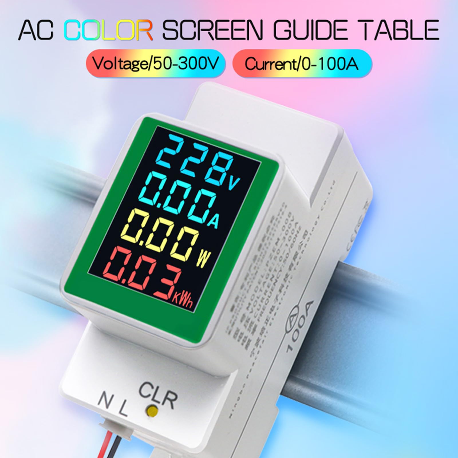 Medidor de energía, monofásico, carril DIN, consumo de energía, voltímetro, amperímetro, vatios, KWH, AC50-300 V, 100 A