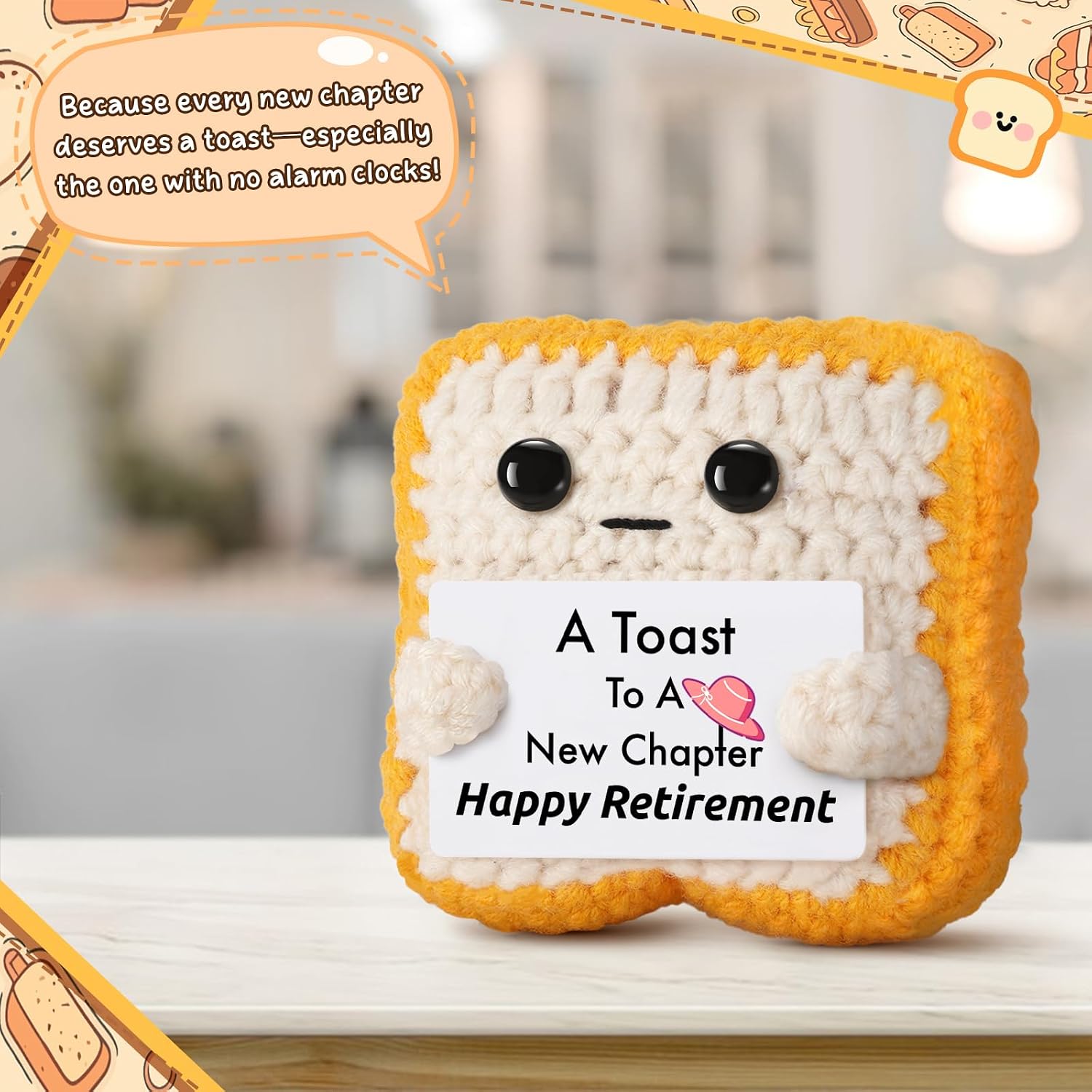 Crochet Toast Retirement Plush – Handmade “A Toast to a New Chapter” Card – Unique Retirement Gift for Coworker, Boss, Teacher, Mom, Dad – Funny Retired Present Desk Decor Keepsake image 3