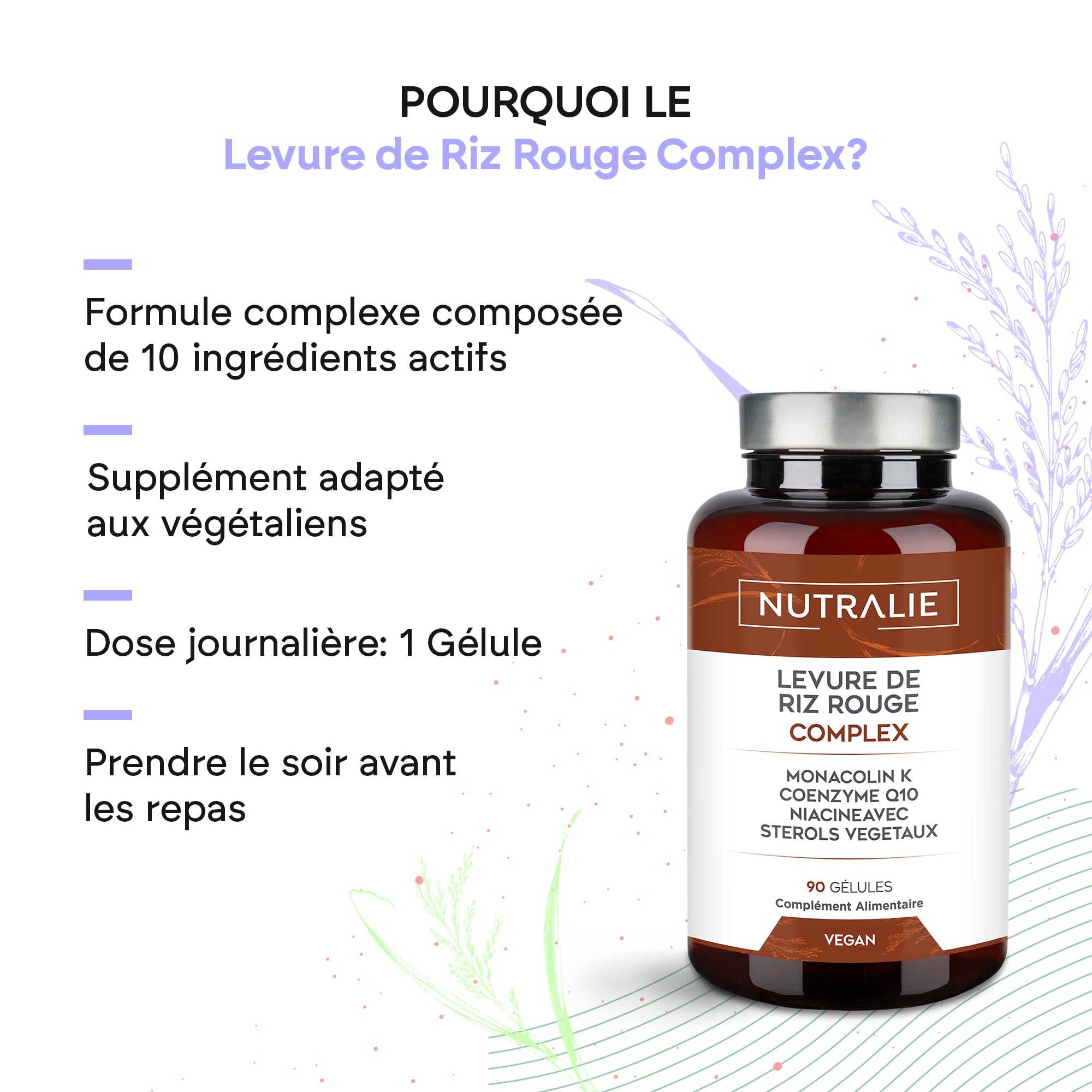 LEVURE DE RIZ ROUGE 2,9mg Monacoline K + Q10 + Vit C E - Levure de riz rouge - 90 Gélules Vegetales Nutralie